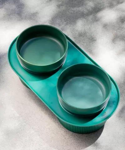 Conjunto de tigelas verdes sobre base retangular verde
