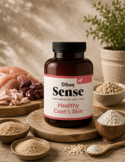 Frasco de suplemento alimentar para cães Diba Sense com ingredientes naturais ao redor