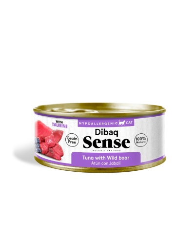 Lata de comida para gato Dibaq Sense Atum com Javali, rótulo branco e lilás, texto e imagens de carne e mirtilos