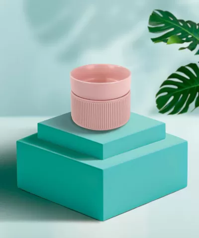 Tigelas rosadas empilhadas sobre caixas azuis com folhas verdes ao fundo