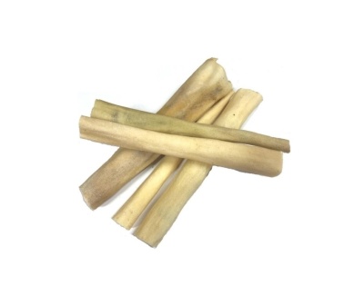 Cinco ossos para cães bege em fundo branco