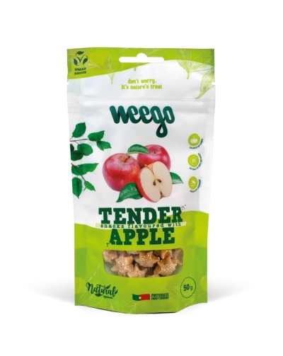 Embalagem verde e branca de snacks Weego sabor maçã com imagem de maçãs e peso 50g