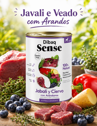 Lata de comida para cães Dibaq Sense com sabor javali e veado com arandos sobre mesa de madeira com ingredientes frescos ao redor.