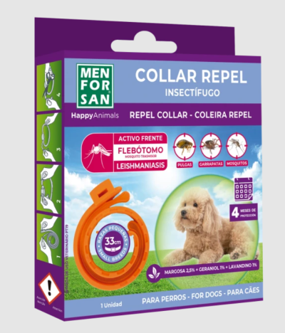 Embalagem de collar repelente inseticida para cães, cor laranja, com texto explicativo em espanhol e inglês