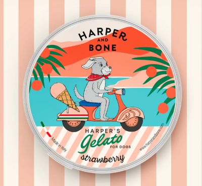 Embalagem de gelado para cães com design colorido e texto em inglês.
