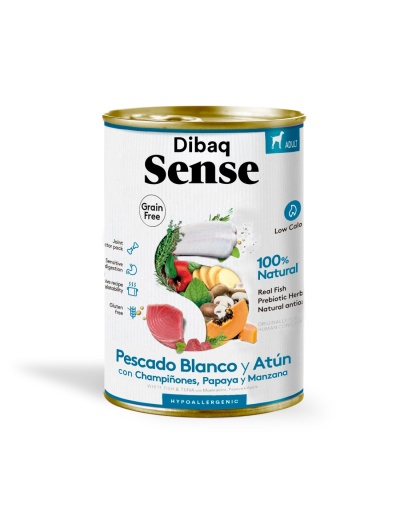 Lata de comida para cães Dibaq Sense Pescado Blanco y Atún com frutas e legumes