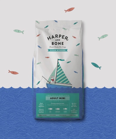 Saco de ração para cães HARPER AND BONE com design de barco e peixes coloridos