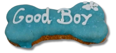 Biscoito em forma de osso azul com texto Good Boy