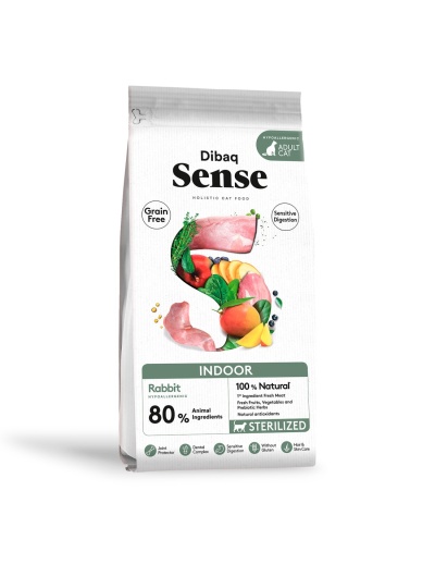 Pacote branco de ração para gatos Dibaq Sense Indoor com carne de coelho e vegetais