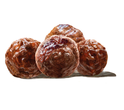 Quatro bolas de carne cozida brilhantes castanhas sobre fundo branco