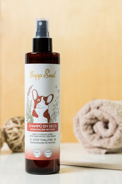 Frasco de champô a seco para gatos Bopp Soul com rótulo ilustrado