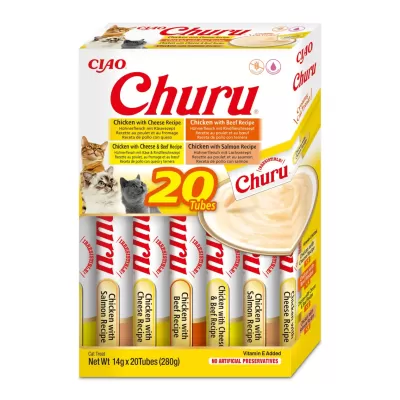 Embalagem de 20 tubos de petisco cremoso para gatos CIAO Churu multi-sabores