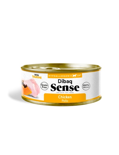 Lata de comida húmida para gato Dibaq Sense sabor frango com rótulo branco e amarelo.