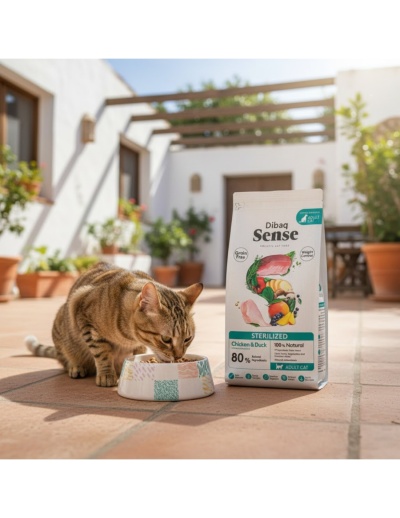 Gato castanho a comer junto a saco de ração Dibaq Sense no pátio