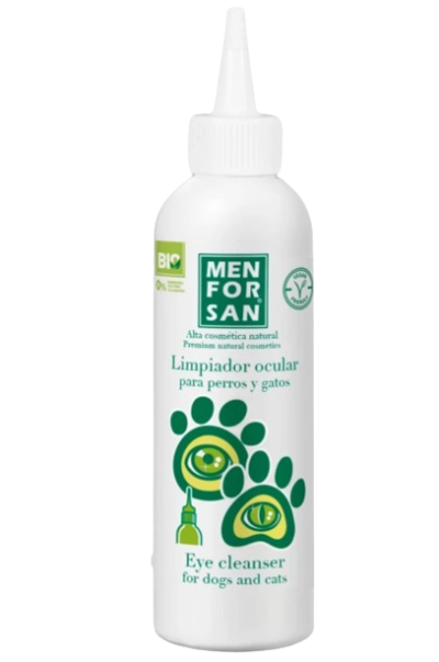 Frasco branco com rótulo verde para limpeza ocular de cães e gatos