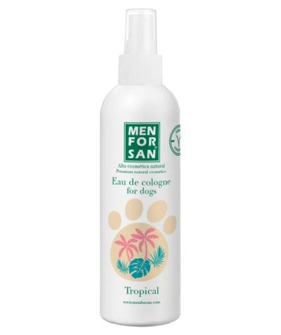 Frasco branco de spray para cães com rótulo e texto verde e desenhos tropicais