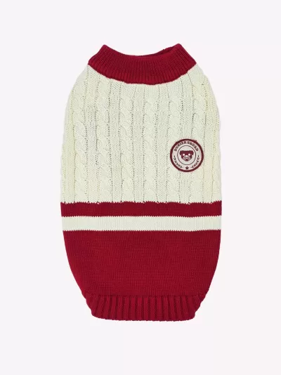 Camisola de malha para cão creme e vermelho com emblema redondo DUNKER SQUAD