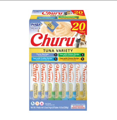 Embalagem com 20 tubos de Churu para gatos variedade atum, vieira, frango e queijo