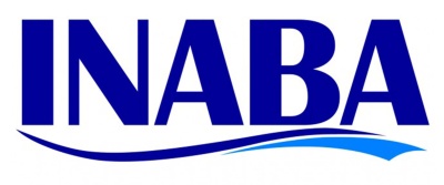 Logotipo azul com texto INABA e linha curva azul claro