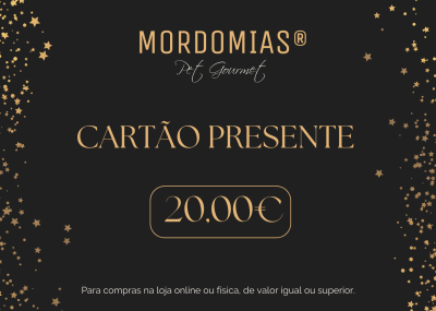 Cartão presente dourado e preto da marca Mordomias Pet Gourmet