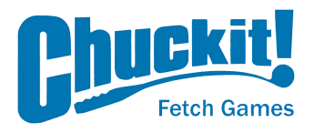 Logótipo azul e branco da marca Chuckit! com texto 'Fetch Games'