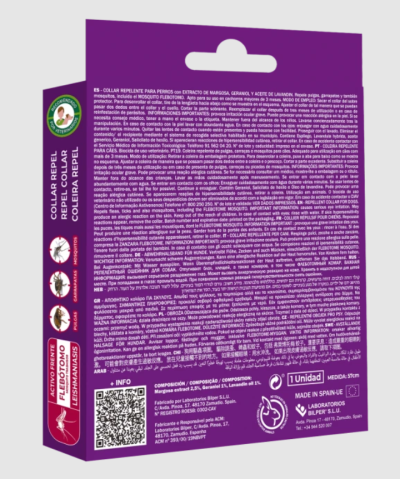 Embalagem roxa de colar repelente para cães com texto em espanhol