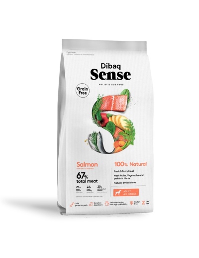 Saco branco de comida para cães Dibaq Sense com imagem e texto informativo