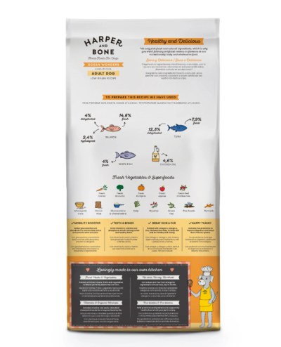 Saco de ração para cão HARPER AND BONE Ocean Wonders, embalagem branca e amarela com texto e imagens de peixes