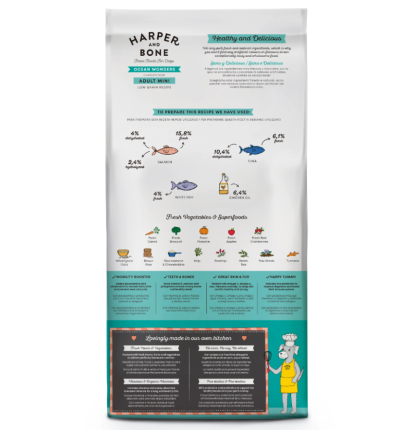 Pacote branco de ração para cães Harper and Bone Ocean Wonders Adult Mini com informações nutricionais