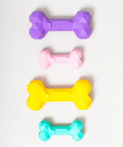 Quatro brinquedos para cães coloridos em forma de ossos com textura facetada e texto BONE