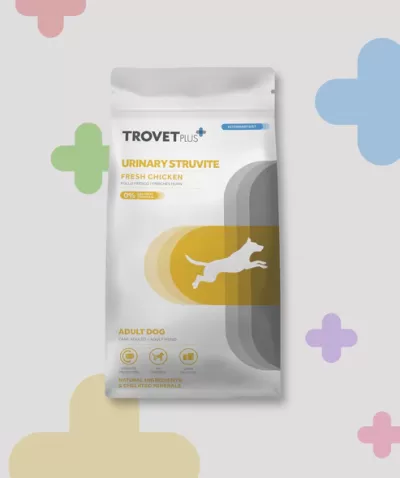 Embalagem branca de comida para cão TROVET PLUS Urinary Struvite Fresh Chicken com gráfico de cão a saltar