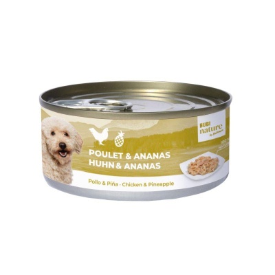 Lata de comida para cães com imagem de cão e texto sobre frango e ananás