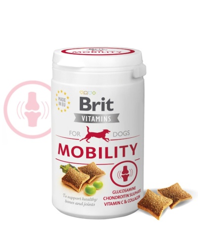 Frasco branco de suplemento Brit Vitamins Mobility para cães com biscoitos e ingredientes descritos
