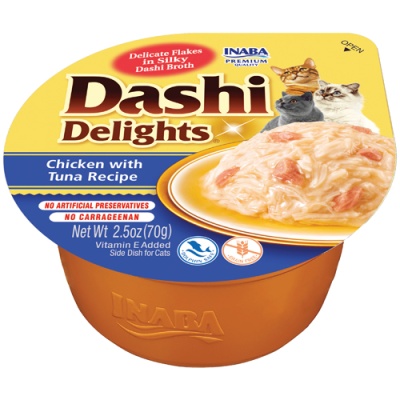 Comida húmida para gatos Dashi Delights frango e atum, embalagem amarela e laranja