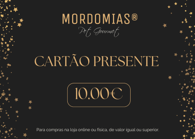 Cartão presente da MORDOMIAS Pet Gourmet com valor de 10,00€ em fundo preto com estrelas douradas
