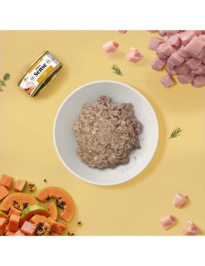 Lata de comida para animais, pedaços de carne crua, papaya picada, prato branco com comida dentro