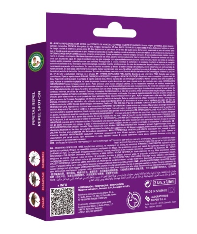 Embalagem roxa de Produtos Pelefix para alívio de picadas de insectos com texto em espanhol