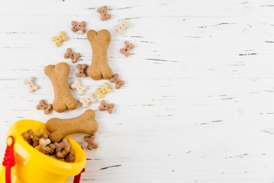 Biscoitos para cães em forma de ossos de várias cores junto a balde amarelo numa superfície branca