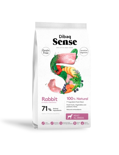 Saco branco de ração para cães Dibaq Sense com letras pretas e rosa e imagens de carne e vegetais