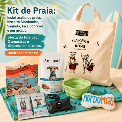 Kit de praia para cães com tote bag, biscoito, ração, tigela dobrável, dispensador de sacos e toalha colorida