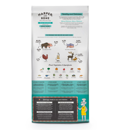 Embalagem de ração para cães Harper and Bone Adult Mini Wild Mountain com informações de ingredientes