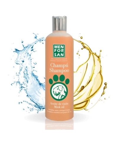 Frasco de champô Men For San com rótulo verde e laranja e tampa prateada