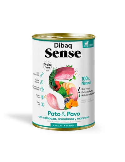 Lata de comida para cão adulto Dibaq Sense pato e peru