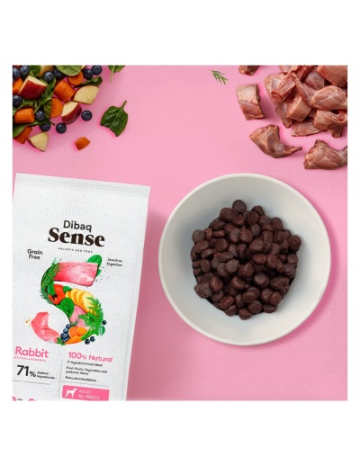 Embalagem de ração seca para cães Dibaq Sense com tigela de ração, carne crua e legumes sobre fundo rosa