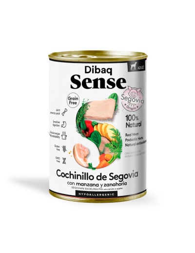 Lata de comida para cão adulto Dibaq Sense com ingredientes naturais no rótulo