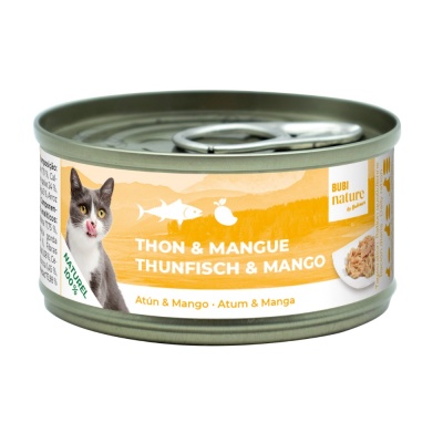 Lata de comida húmida para gato sabor atum e manga com rótulo laranja e branco e imagem de gato