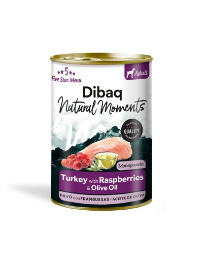 Lata de comida para cães Dibaq Natural Moments sabor peru e framboesas