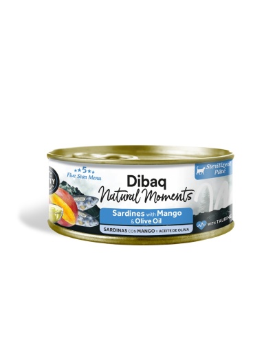 Lata de patê esterilizado para gatos com sardinhas, manga e azeite, marca Dibaqu Natural Moments