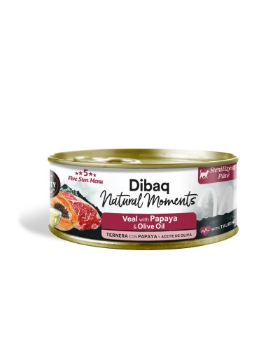 Lata de patê esterilizado para animais Dibaq Natural Moments sabor Vitela com Papaia e Azeite de Oliveira