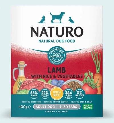 Embalagem de comida natural para cães NATURO sabor cordeiro com arroz e vegetais